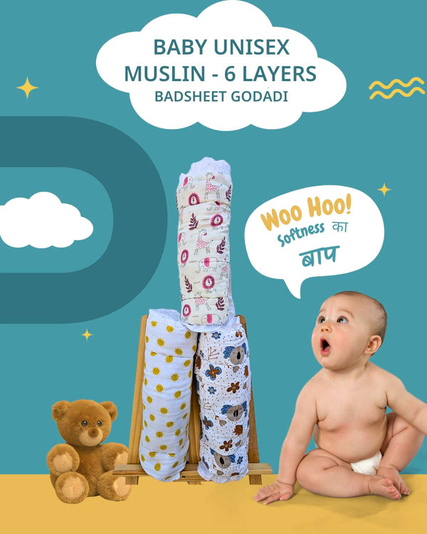 GARBHYATRA Pure Organic Cotton 6 Layer Muslin Badsheet (Godadi) For Baby | Set Of 3